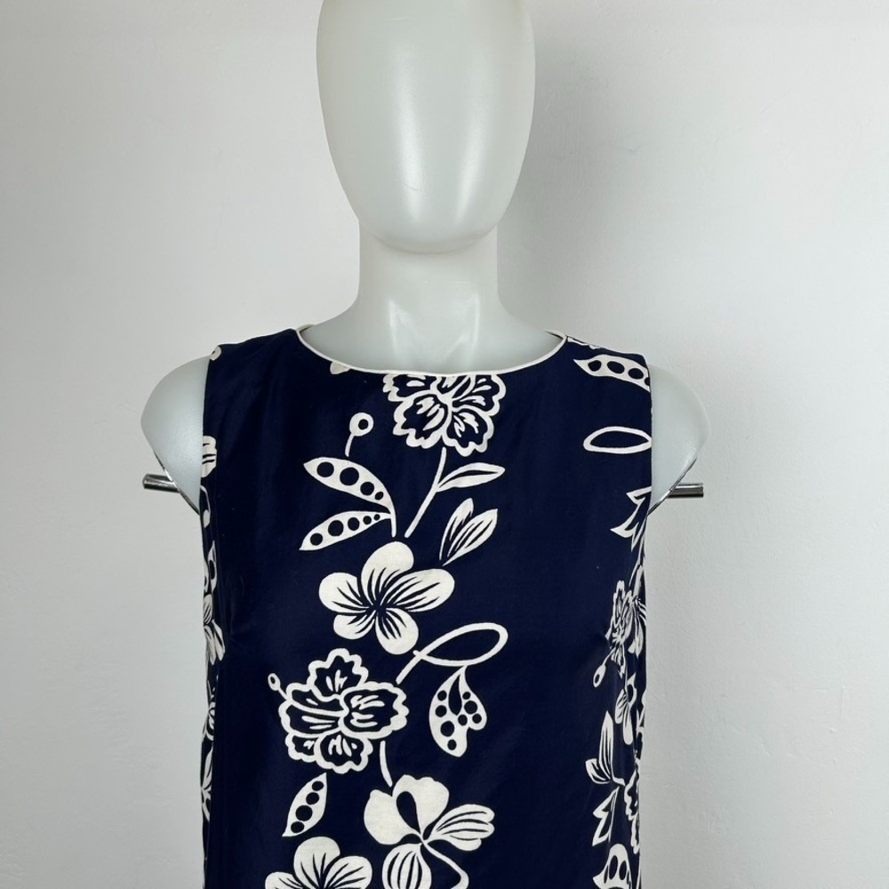 VTG 60Ss 70s Hawaiian Maxi Dress Floral White Navy Blue Side Slits Cotton SZ S - Picture 5 of 16